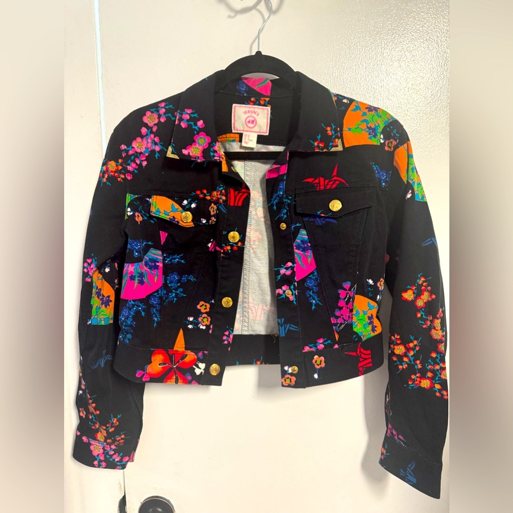 Women's Versace for H&M cotton Cropped Floral Jacket Size 40 Us 10 Black Gold By